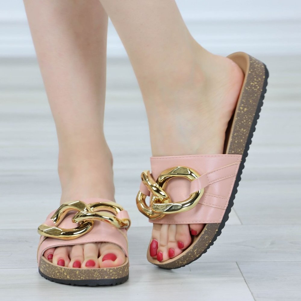 Pink Flat Slip On Sliders Sandal Trendy Comfort Lightweight Blush and Gold - Picture 12 of 13